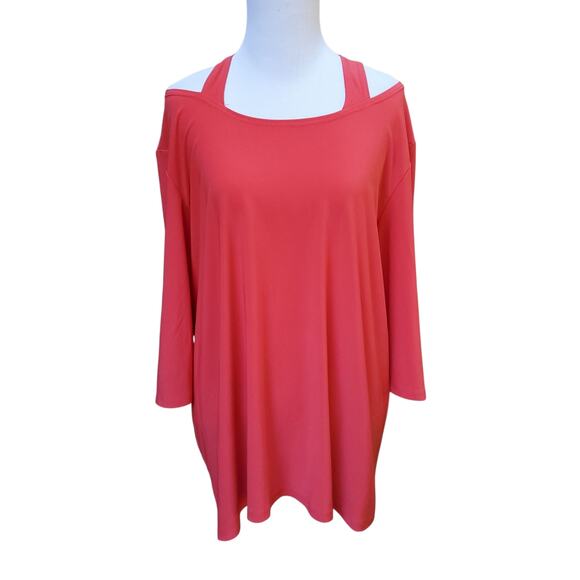Clara Sun Woo Coral Pink Cold Shoulder Top 3/4 Sleeve Sz 1X - Picture 1 of 12